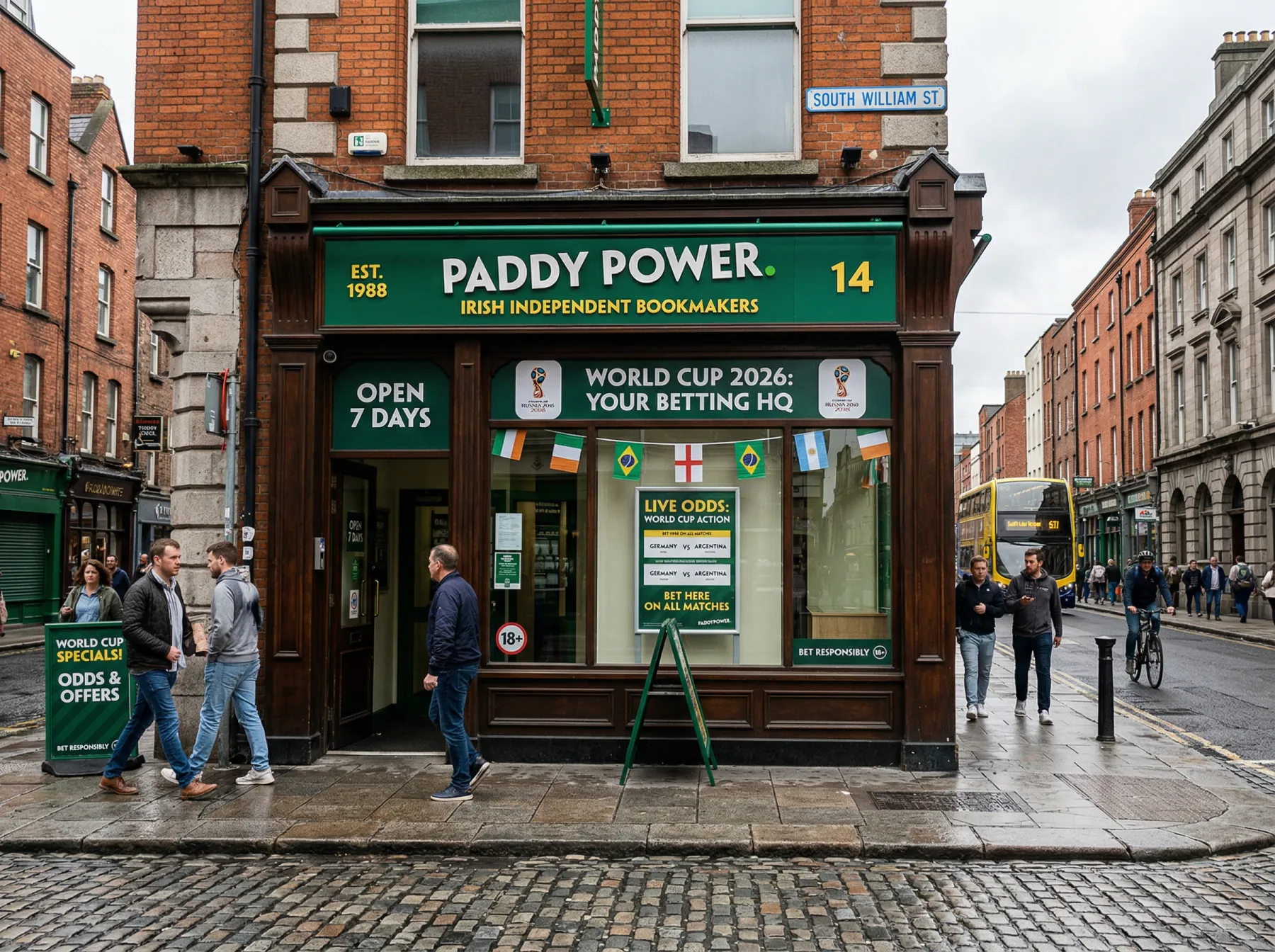 Dublin street with traditional bookmaker shop front and World Cup 2026 promotional display in the window