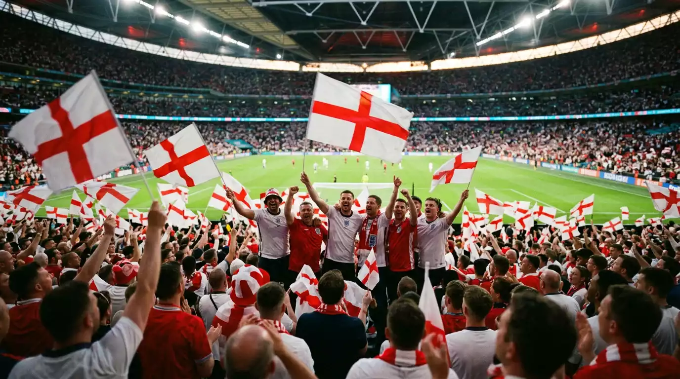 England fans in white and red waving St George's Cross flags in a World Cup crowd