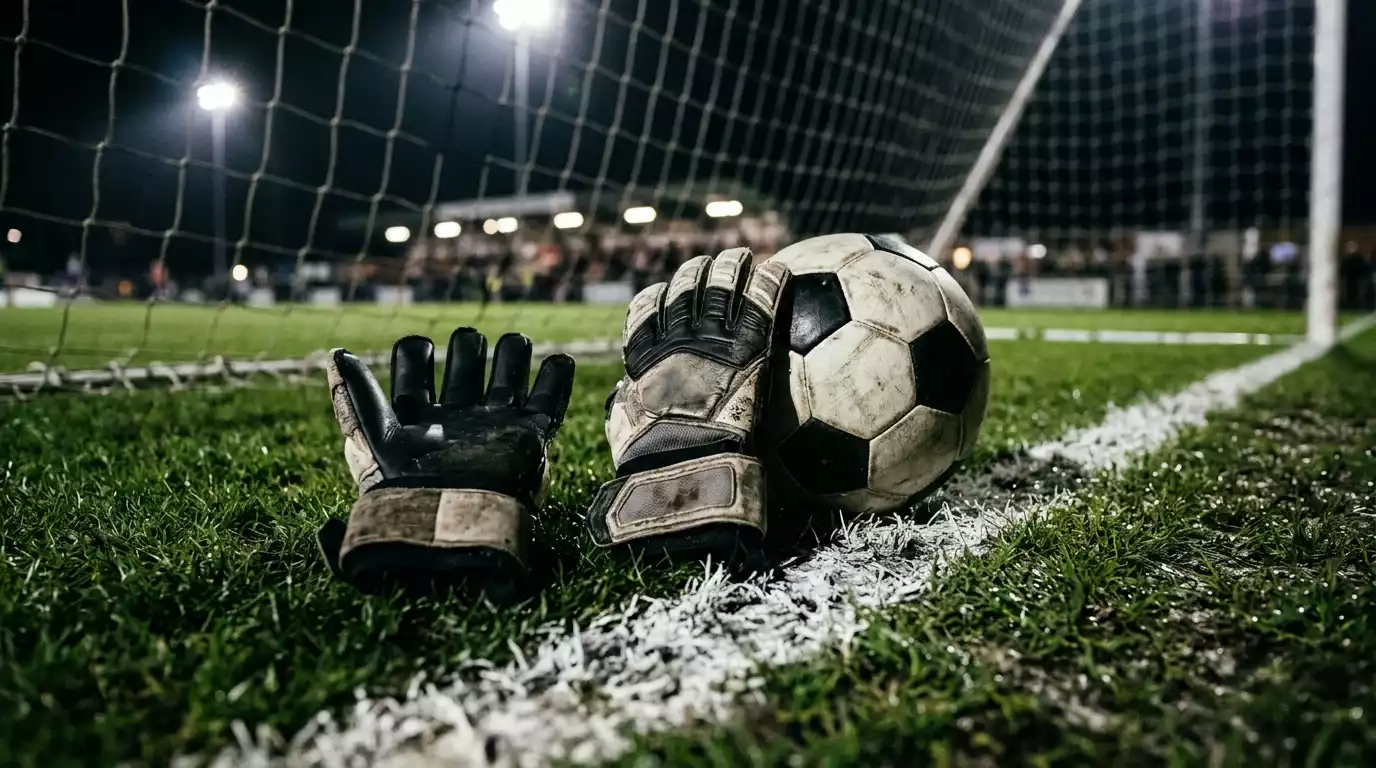 Goalkeeper gloves and a football resting on the goal-line of a floodlit pitch