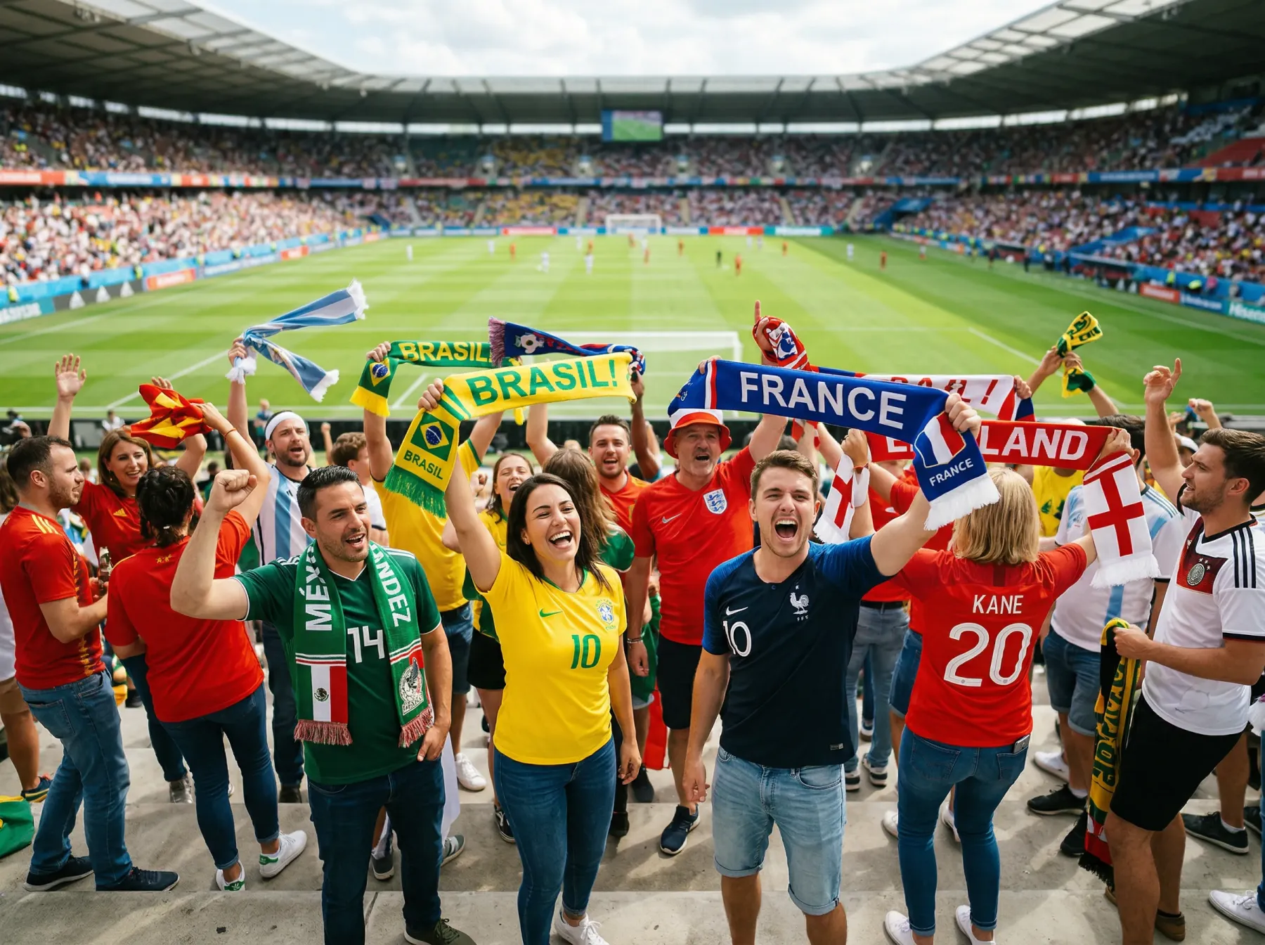 Football fans in colourful national jerseys celebrating together inside a sunlit stadium during a World Cup match