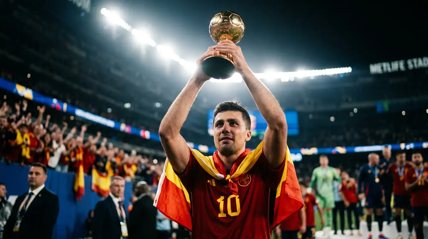 Rodri lifts the Golden Ball trophy on a podium at MetLife Stadium, draped in the Spanish flag, with confetti falling around him.