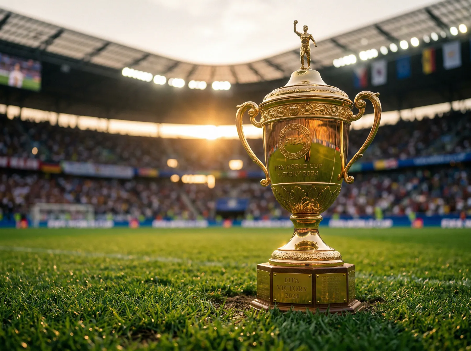 Golden FIFA World Cup trophy standing on a freshly cut football pitch with stadium seating in the background
