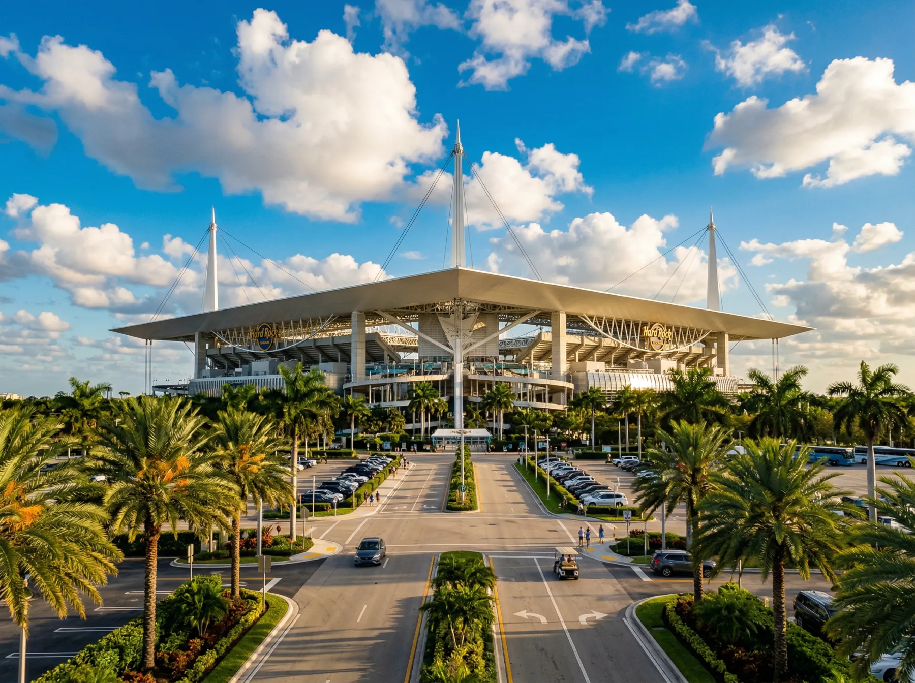 Hard Rock Stadium in Miami Gardens Florida with canopy roof structure and palm trees visible