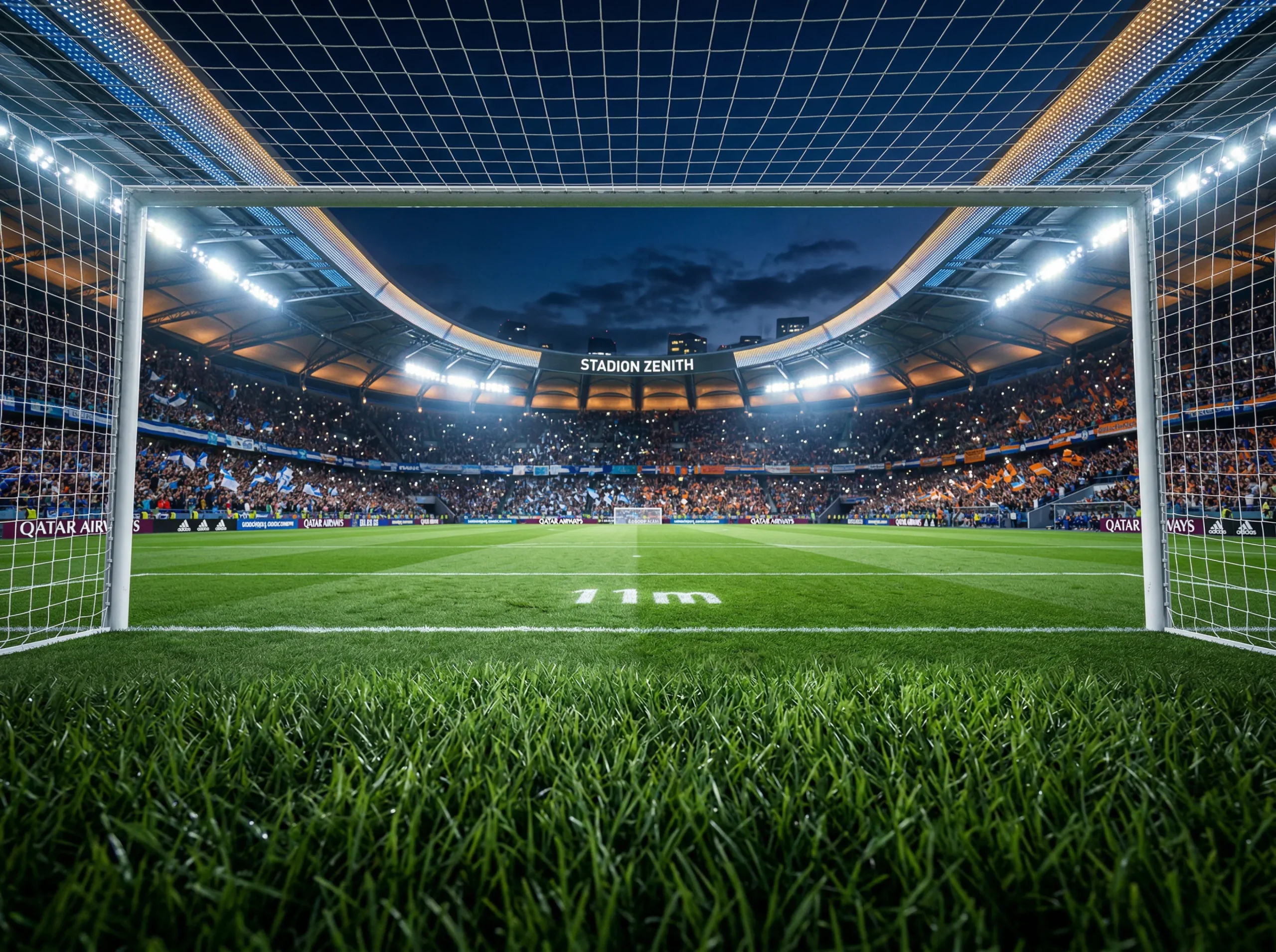 World Cup 2026 stadium pitch under floodlights with green turf and packed stands