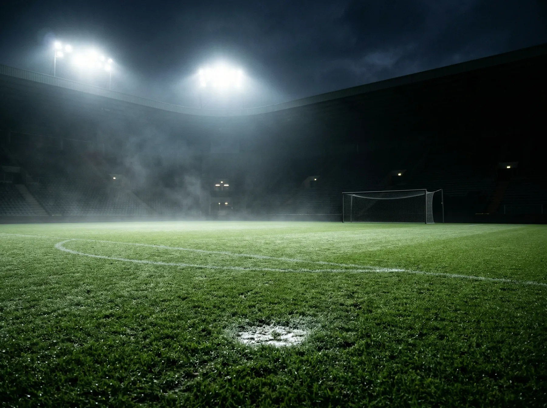 Empty football pitch at night under floodlights evoking the atmosphere of the Ireland vs Czechia play-off in Prague
