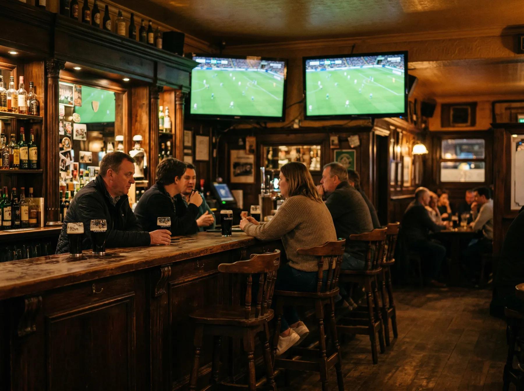 Interior of a traditional Irish pub with large screens showing a football match and patrons watching from wooden bar stools