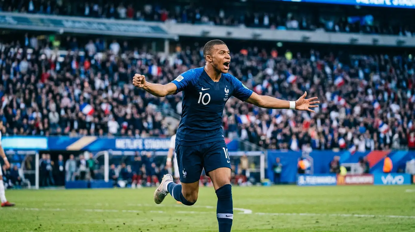Kylian Mbappé in France's blue jersey celebrates after scoring during the bronze final at MetLife Stadium on 18 July 2026, with England players in the background.