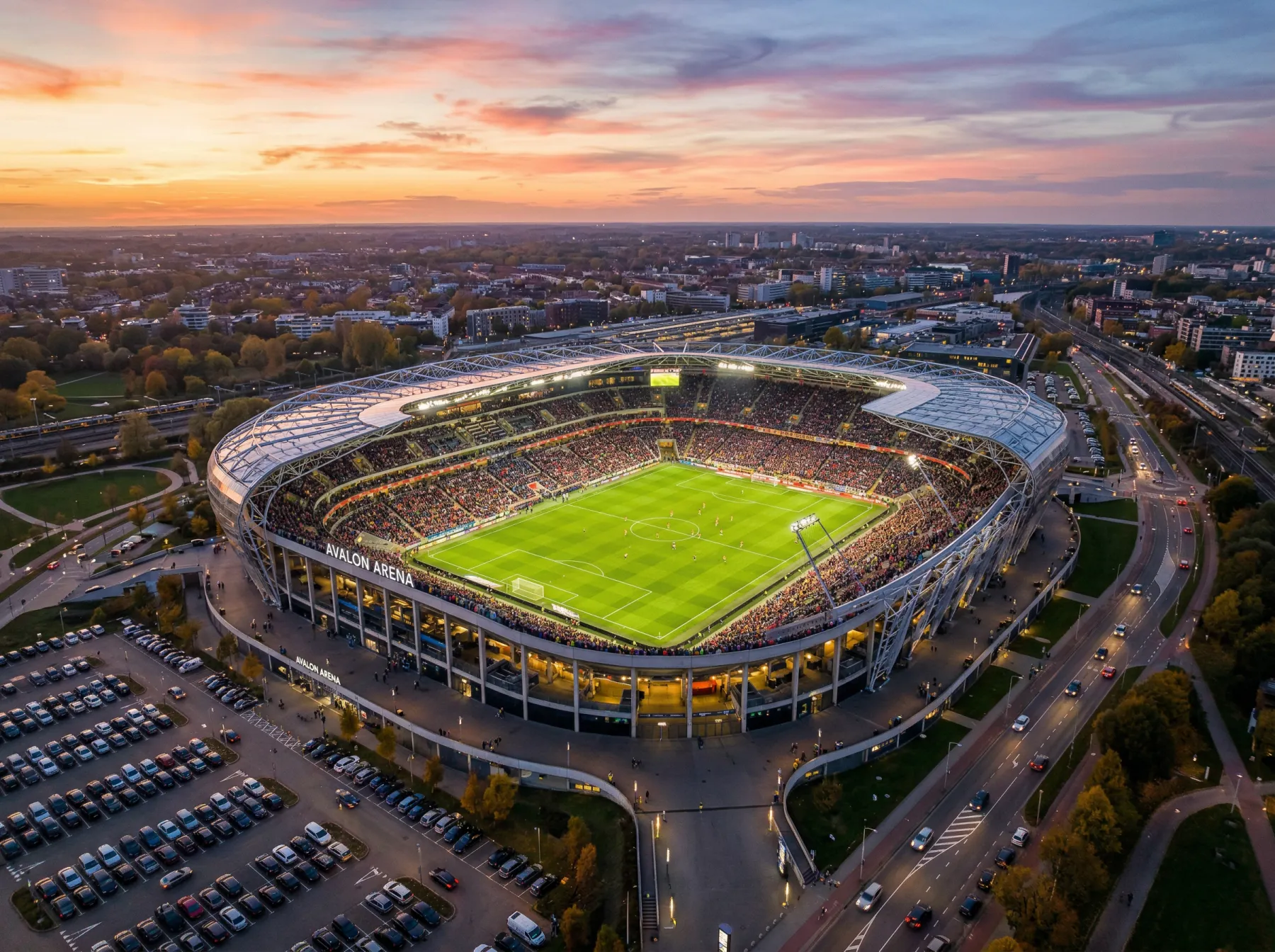 Aerial view of a large American football stadium with a green pitch surrounded by packed stands at sunset