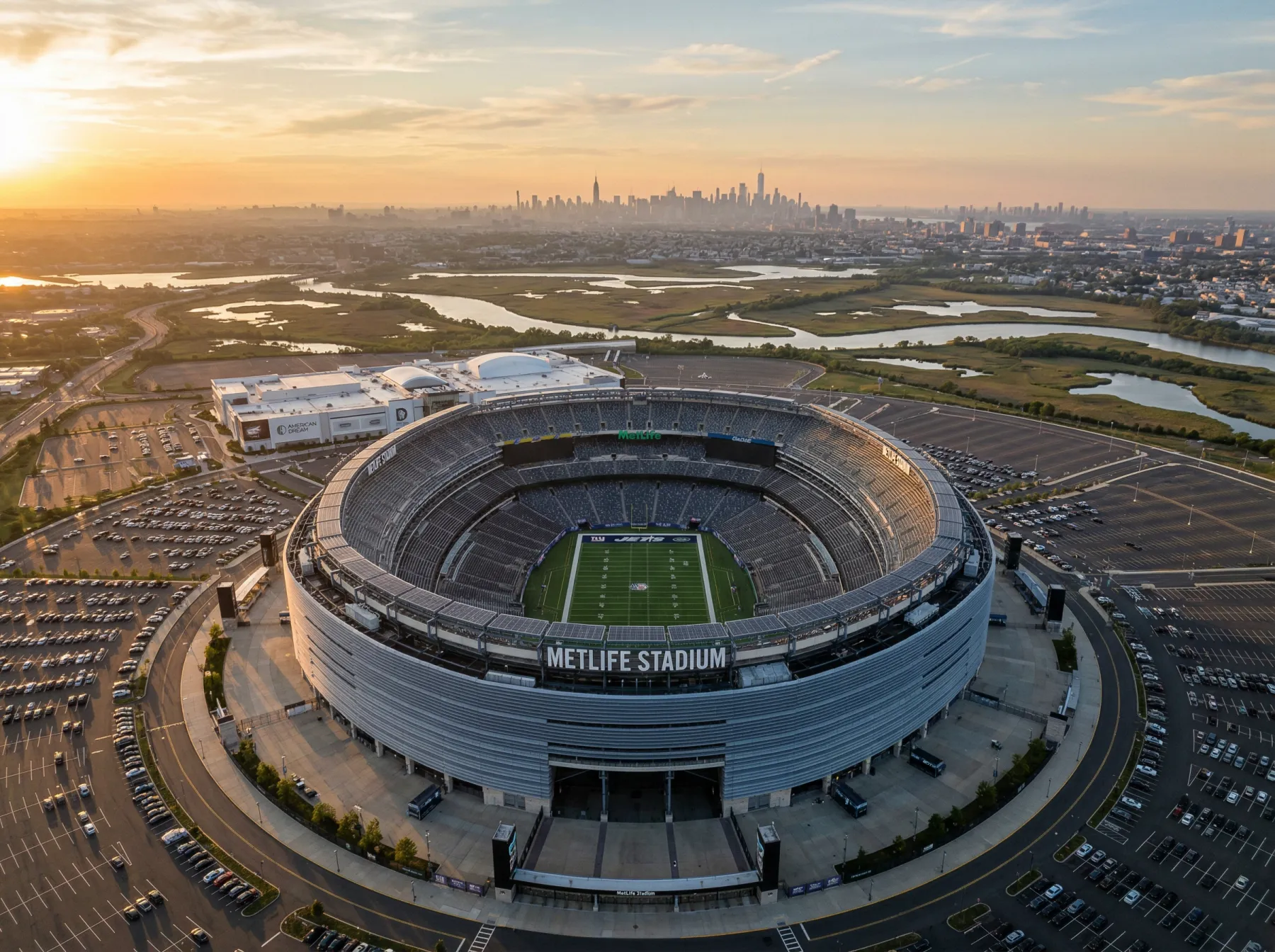 MetLife Stadium in East Rutherford New Jersey exterior view with World Cup 2026 branding