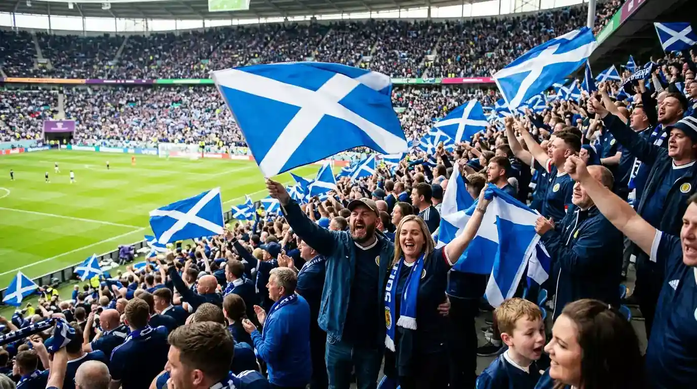 Scotland supporters in blue waving Saltire flags in a packed World Cup stadium