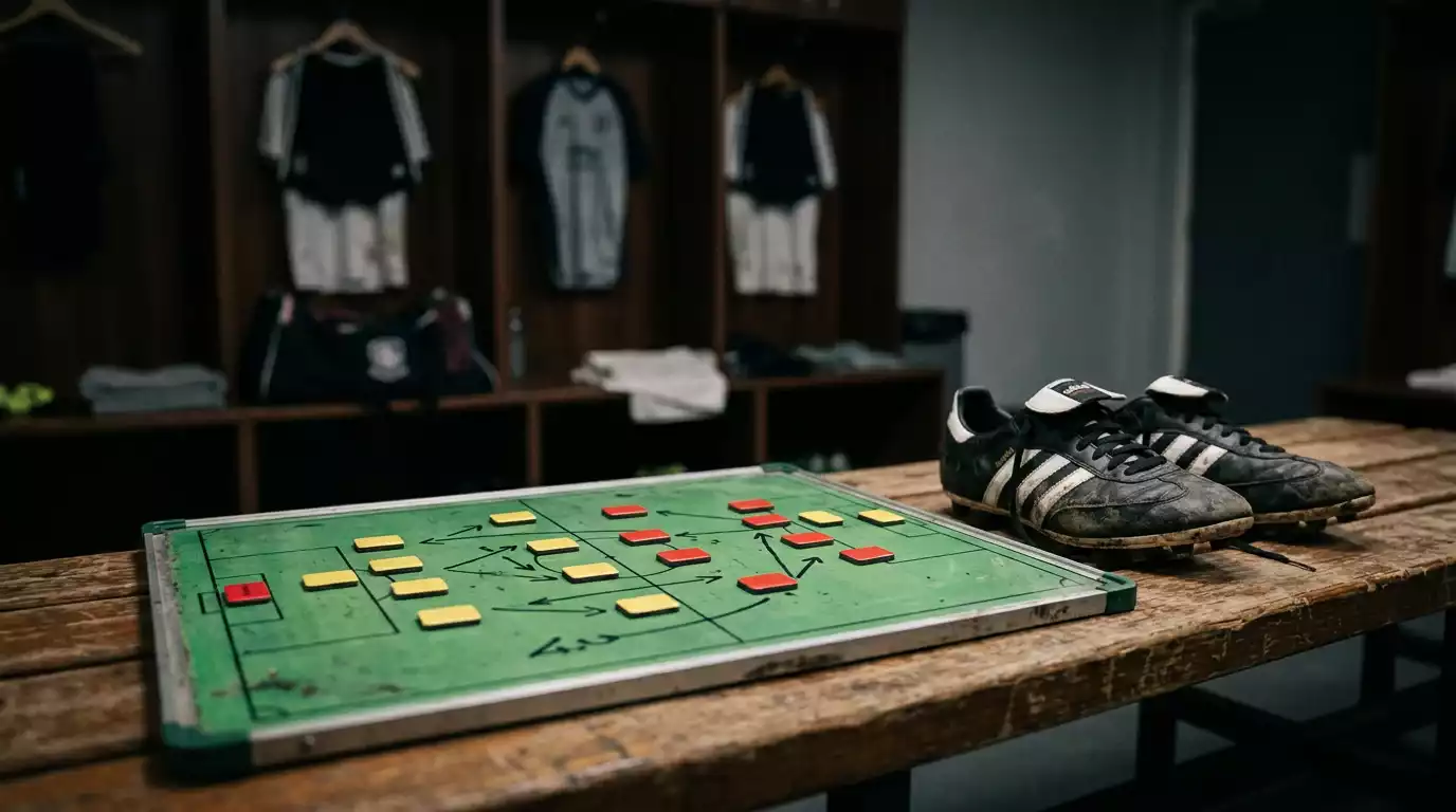 Tactics board and football boots in a stadium dressing room before kick-off