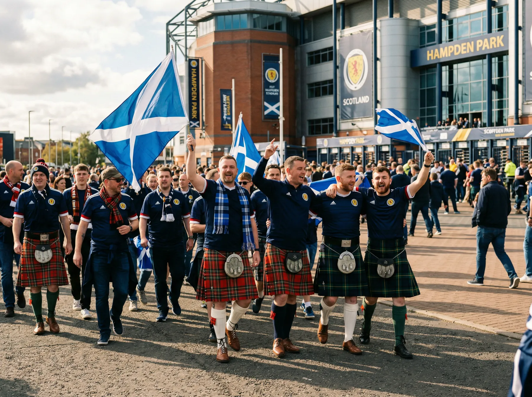 Scottish Tartan Army supporters wearing kilts and dark blue jerseys waving saltire flags outside a football ground