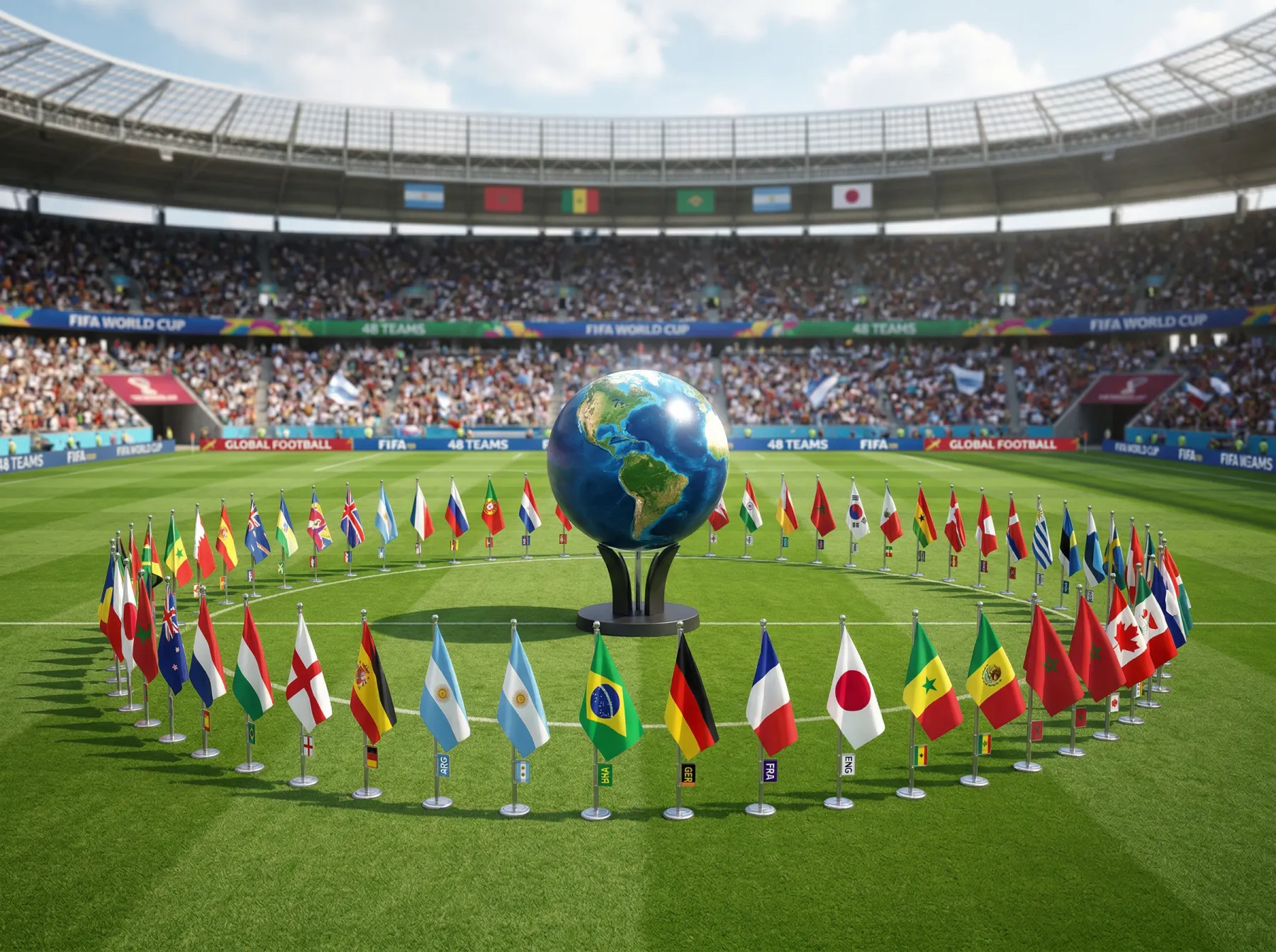 Globe showing 48 national flags connected by lines converging on North America for the 2026 World Cup