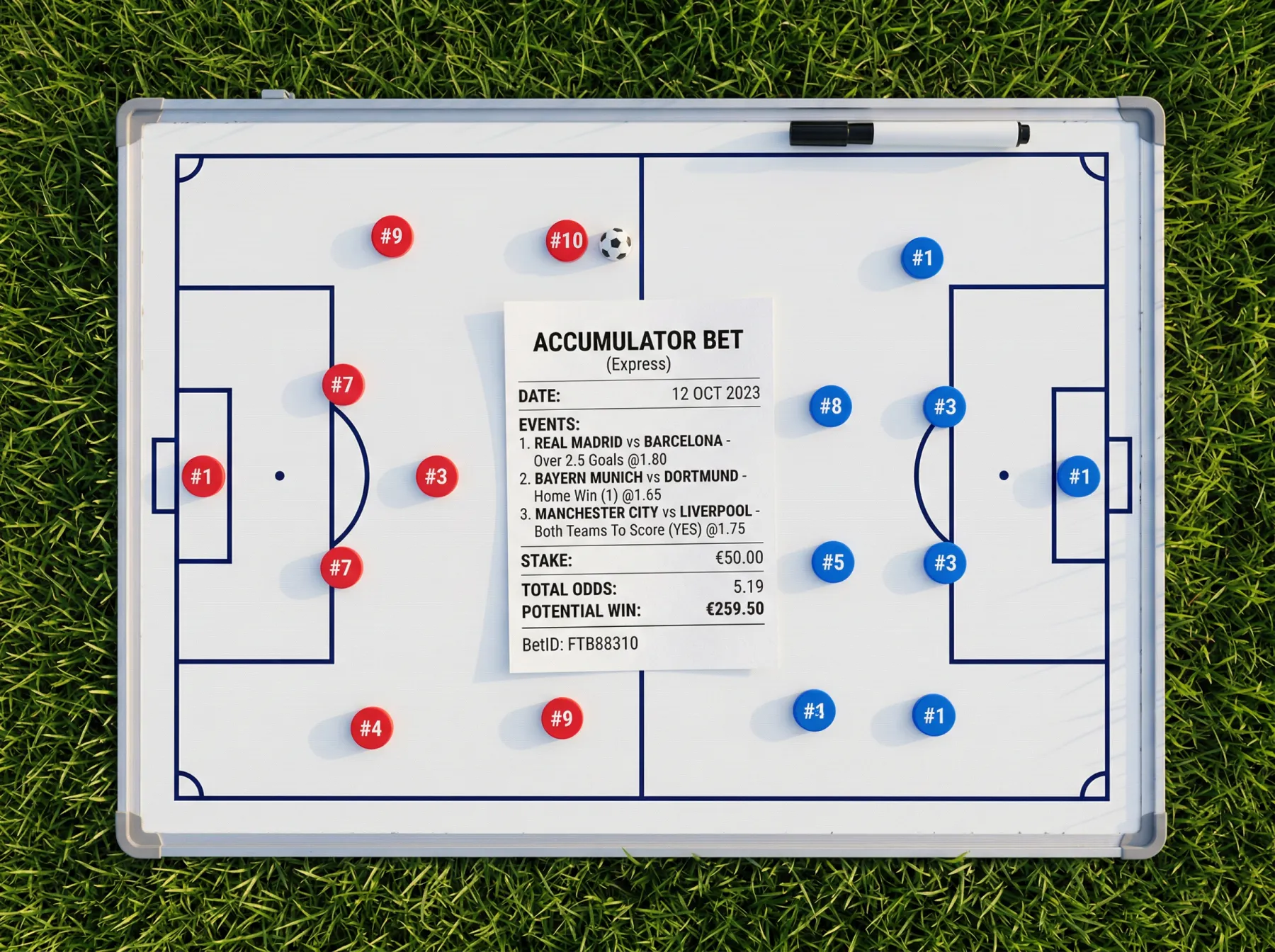Football pitch tactical board overlaid with accumulator betting slip showing multiple World Cup 2026 selections