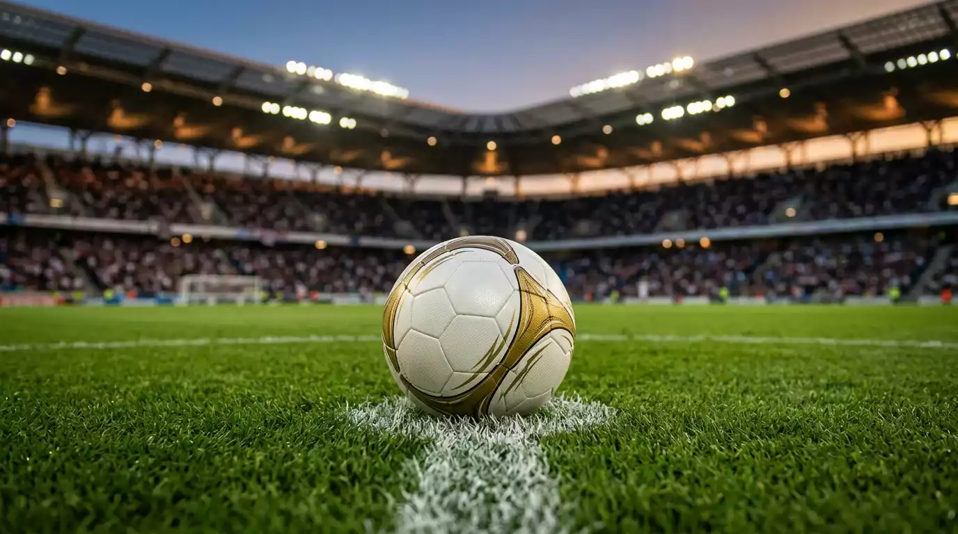 Match ball on the centre spot of a floodlit World Cup pitch at dusk, empty stadium filling with fans