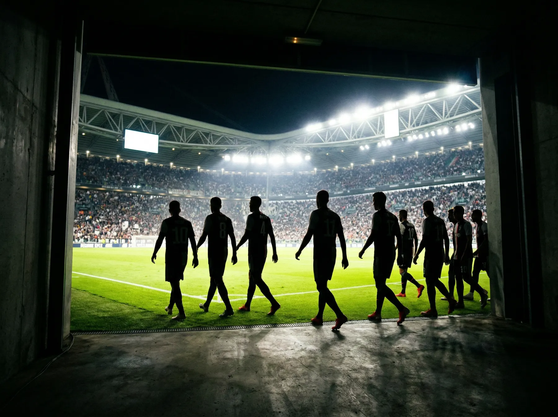 Shadowed football team silhouette emerging from darkness into stadium floodlights representing dark horse contenders