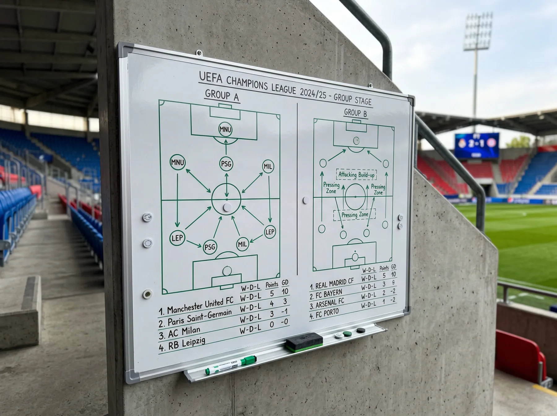 Tactical whiteboard showing all twelve World Cup 2026 groups with arrows indicating predicted qualification paths