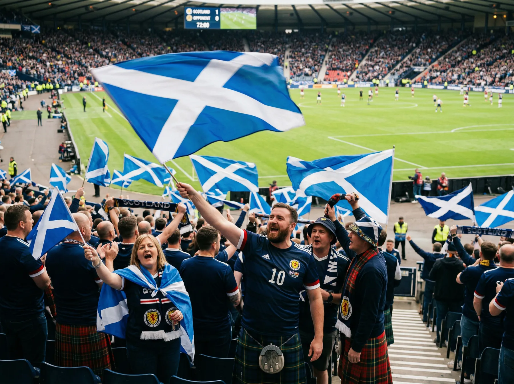 Tartan Army supporters waving Scottish saltire flags at a World Cup stadium representing Scotland betting opportunities