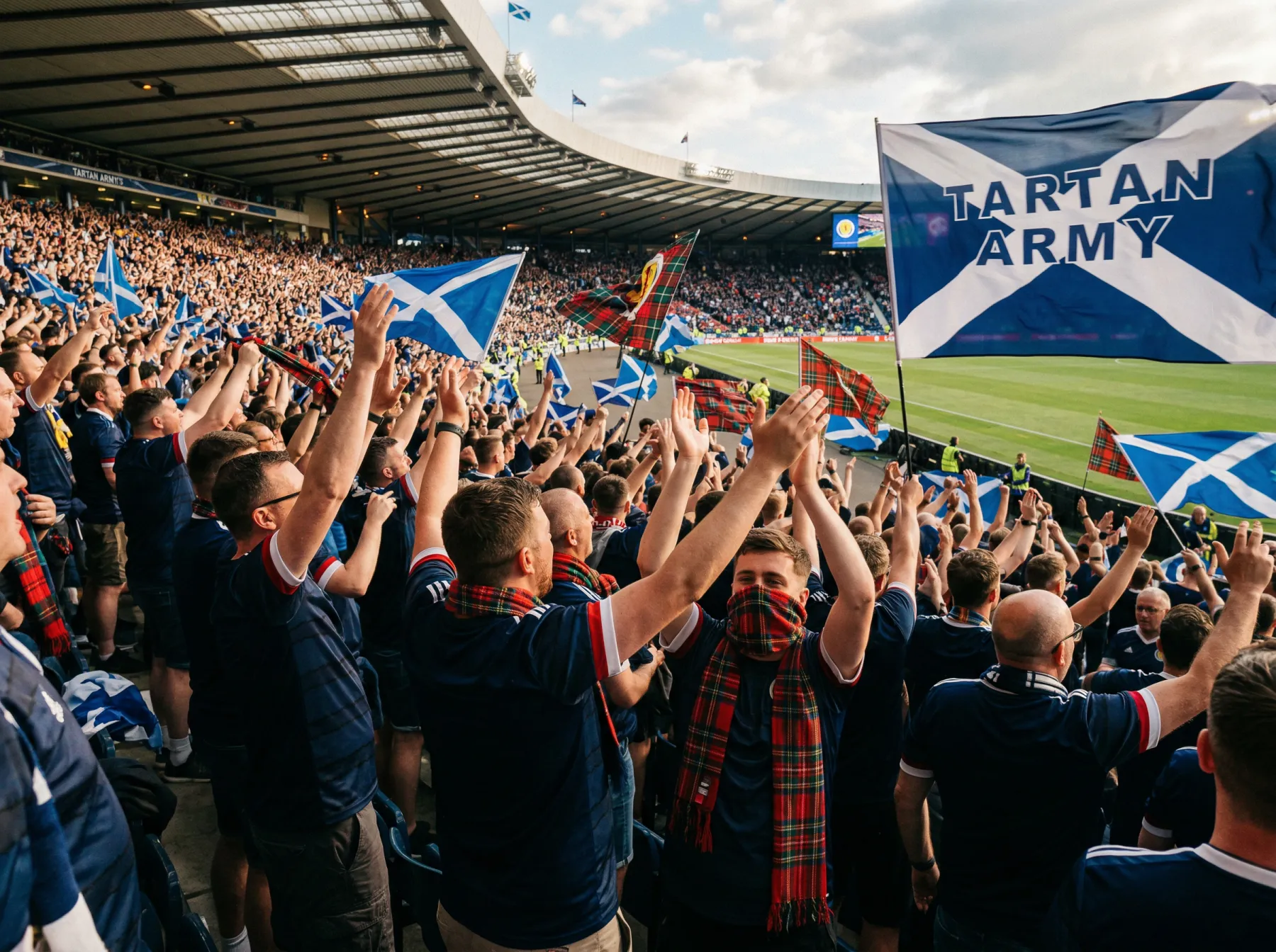 Scotland national football team players celebrating with Tartan Army supporters in the background, representing their historic return to the World Cup after 28 years