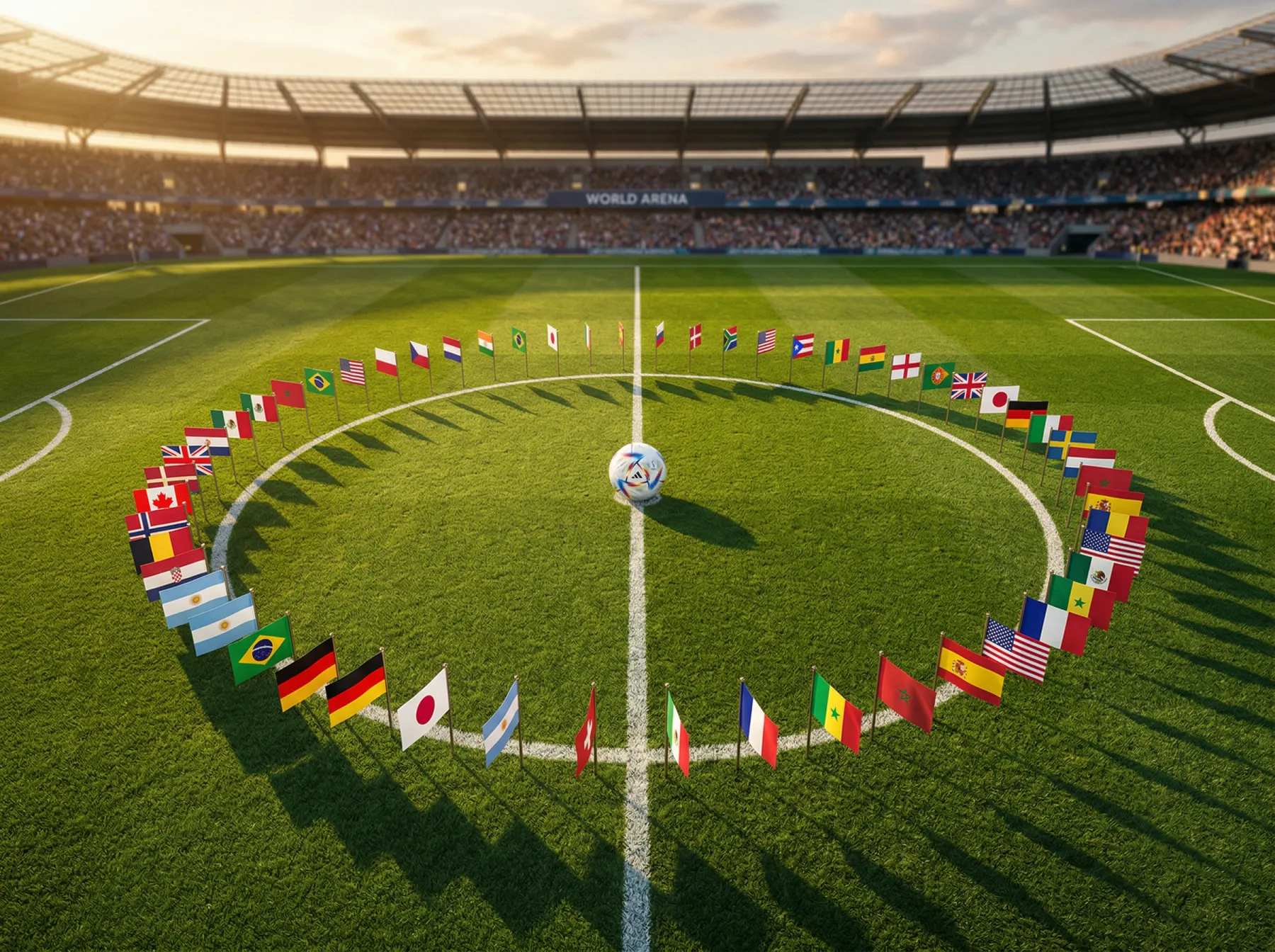 Flags of all 48 World Cup 2026 participating nations arranged around a football on a stadium pitch, representing the complete guide to every team in the tournament