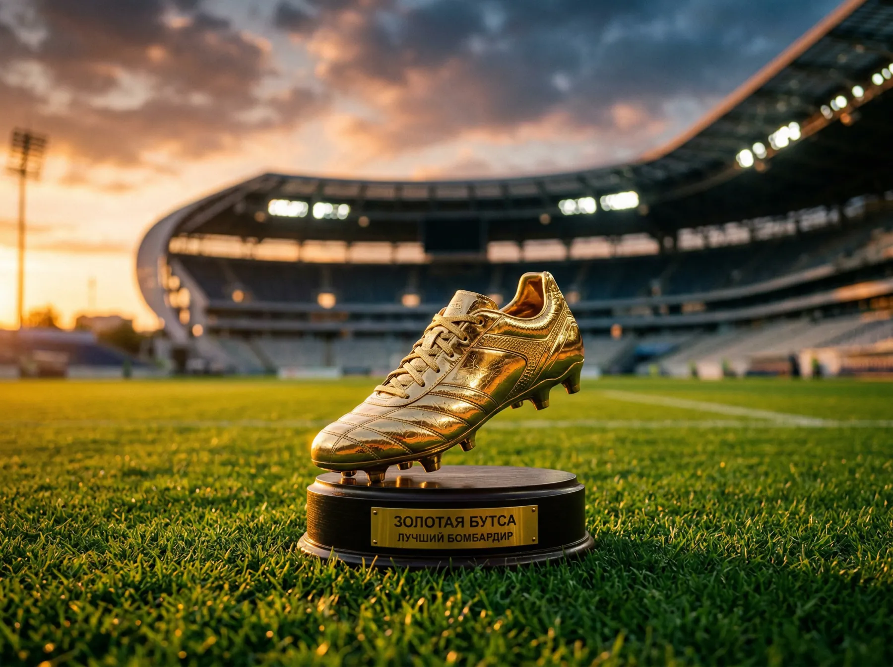 Golden Boot trophy on a football pitch with World Cup 2026 stadium in the background