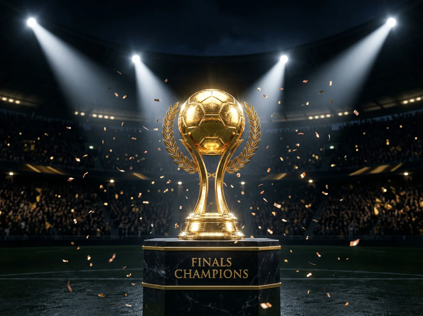 FIFA World Cup trophy illuminated under stadium lights with 2026 tournament branding