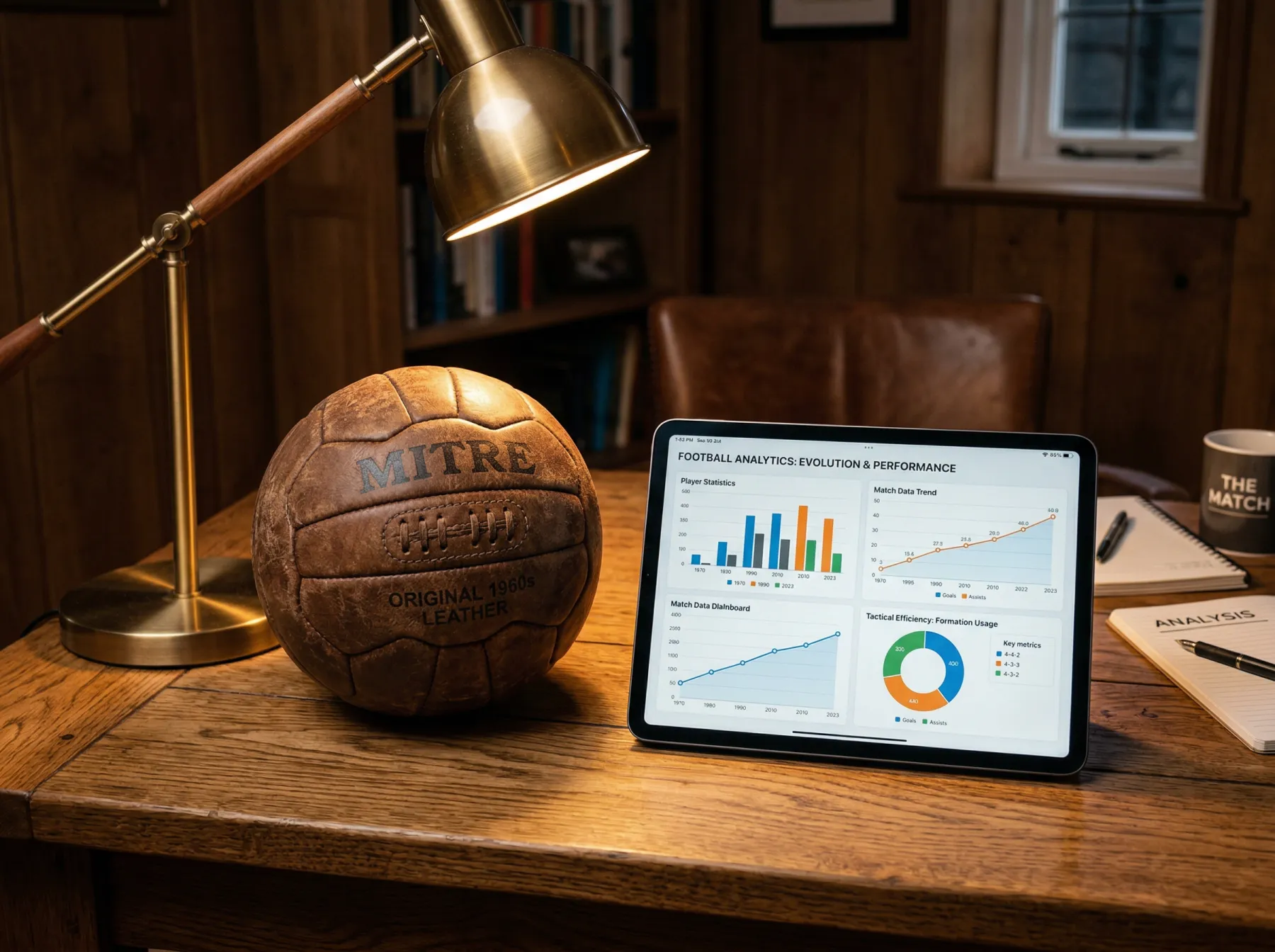 Vintage football and modern data visualisation blended together representing World Cup historical statistics